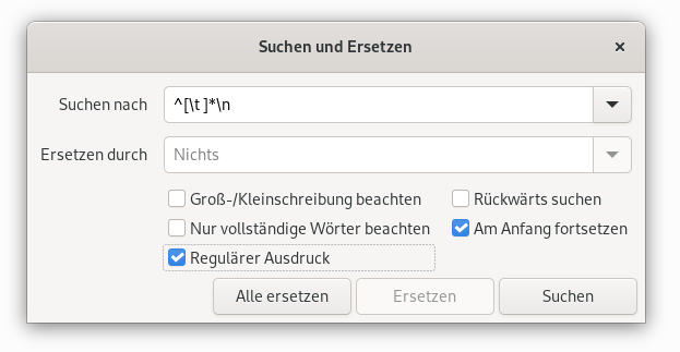 leerzeilen entfernen mit gedit
