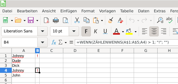 libreoffice calc: duplikate in spalten finden
