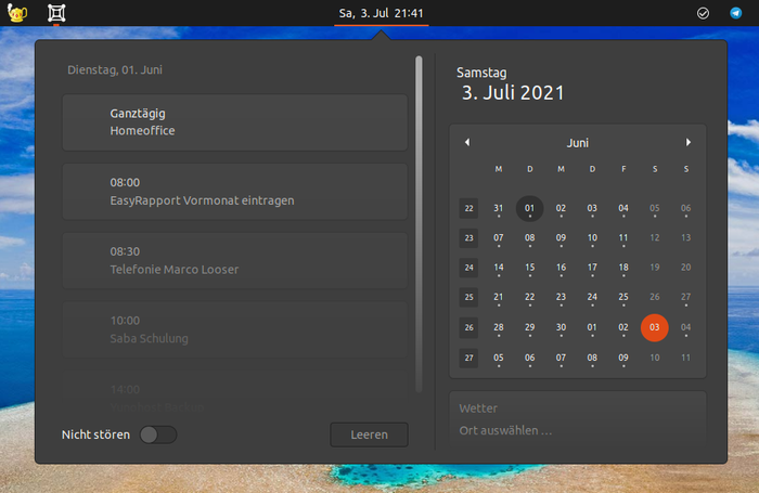 gnome kalender pull-down
